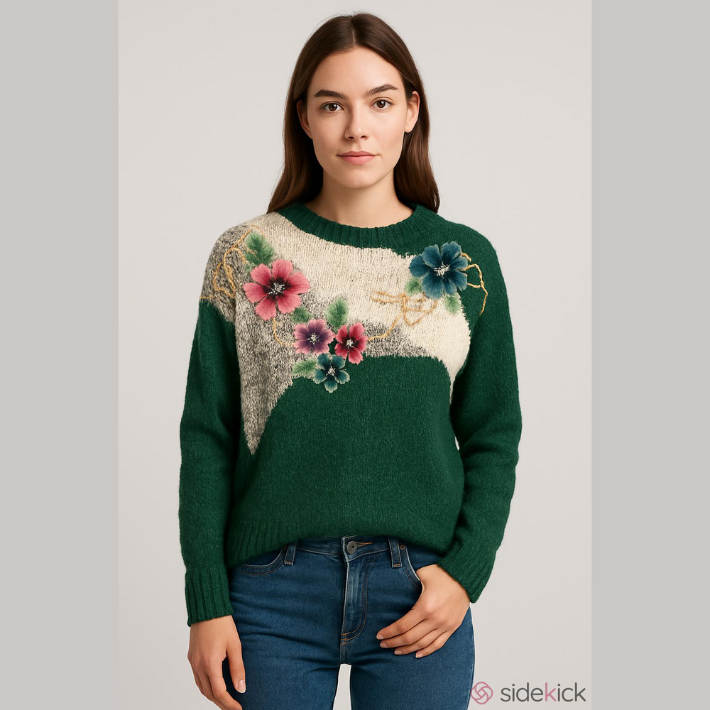 NWT separate scene Vintage floral chunky knit textured sweater size Large green